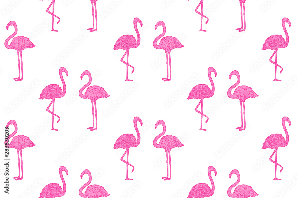Seamless wallpaper with flamingos. Hand drawn cartoon birds. Print for polygraphy, shirts and textiles. Pattern for design Seamless wallpaper with flamingos. Hand drawn cartoon birds. Print for polygraphy, shirts and textiles. Pattern for design