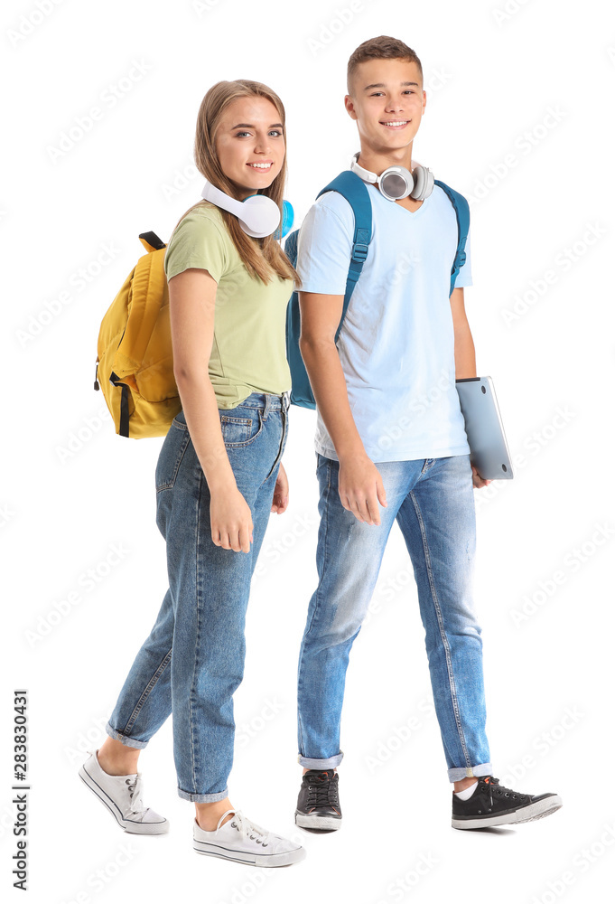 Portrait of young students on white background