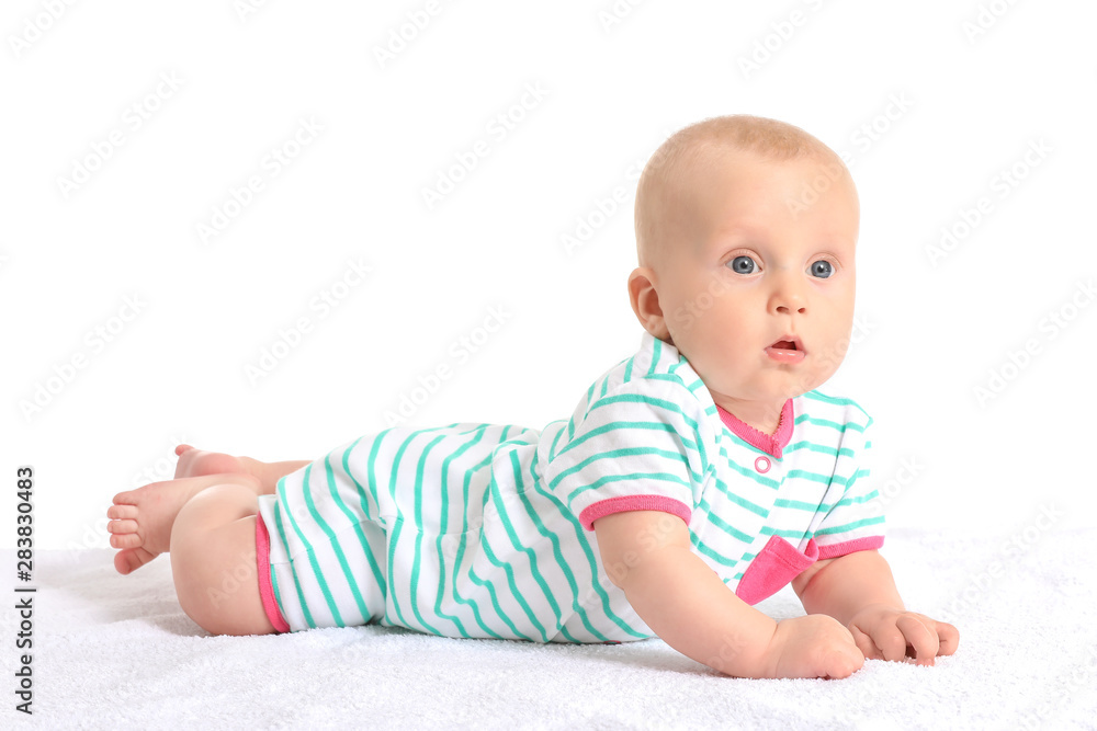 Adorable little baby on white background