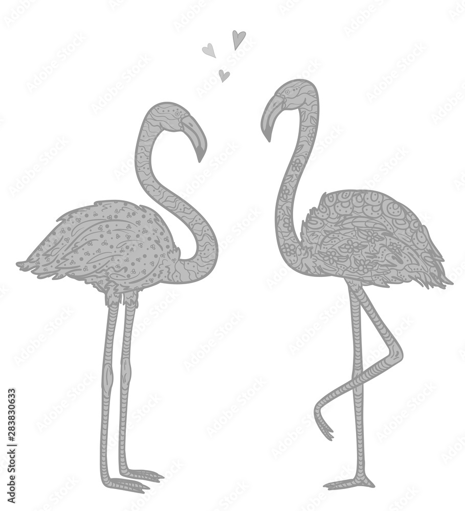 Obraz premium Abstract flamingos with patterns. Ornate birds. Image for polygraphy, t-shirts and textiles. Black and white illustration