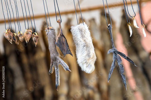 The charms of the paws and teeth of animals hanging on the ropes on the stand at the fair.