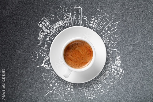 Cup od hot coffe on doodles background