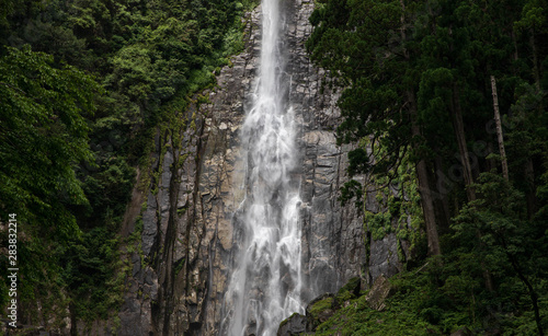 Water splashes against rocks at forest waterfall