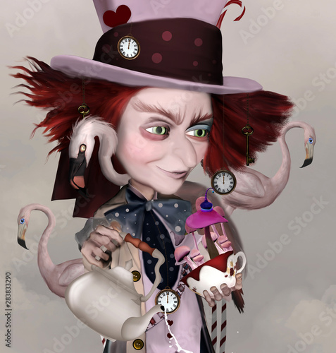 Wonderland series - Mad hatter with teapot, fantasy mushrooms and pink flamingos