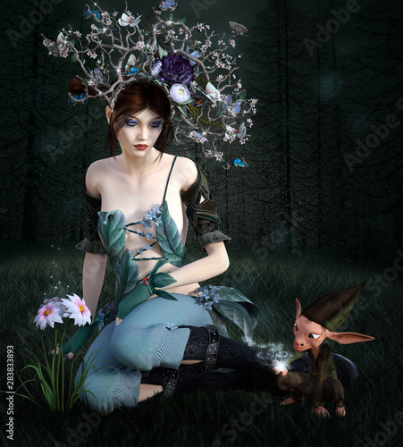 Dekoracja na wymiar  sexy-fantasy-fairy-with-an-elf-in-a-black-forest-scenery