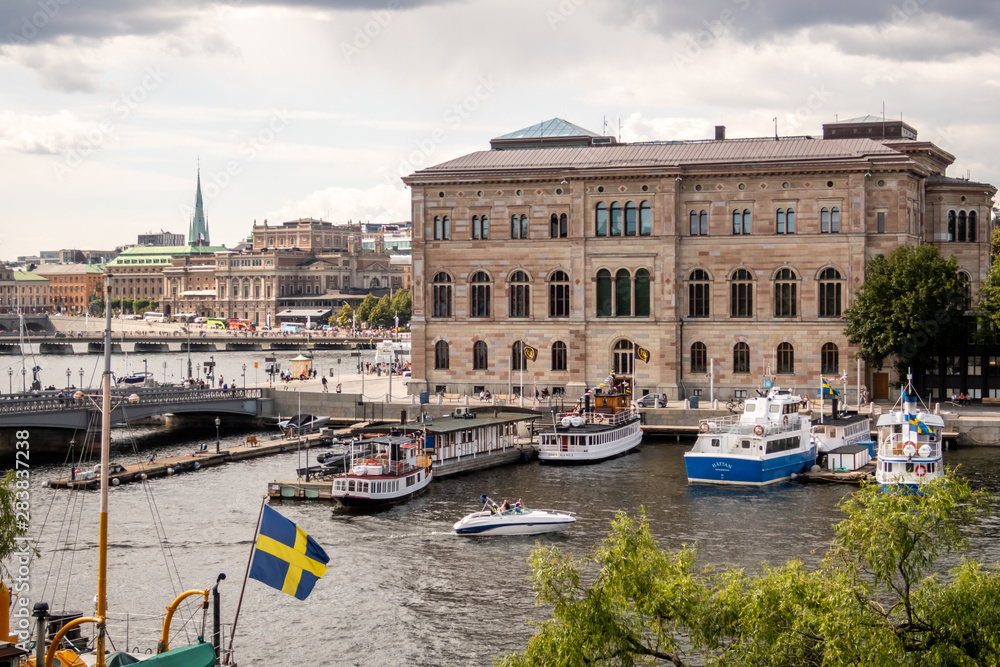 City view from Skeppsholmen island, Stockholm, Sweden. Features Nationalmuseum on Blasieholmen, Royal Swedish Opera on Norrmalm, and Skeppsholmsbron (bridge)