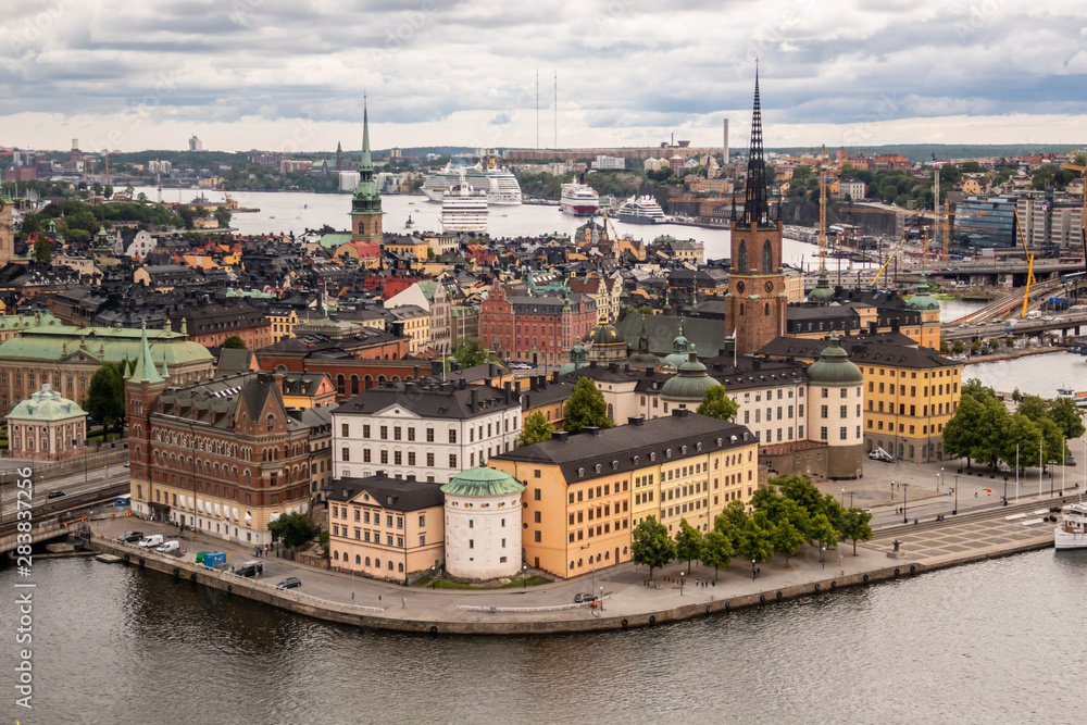 High angle panoramic view of central Stockholm, Sweden: Riddarholmen, Stadsholmen and Södermalm