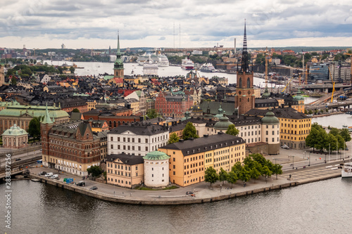 High angle panoramic view of central Stockholm, Sweden: Riddarholmen, Stadsholmen and Södermalm