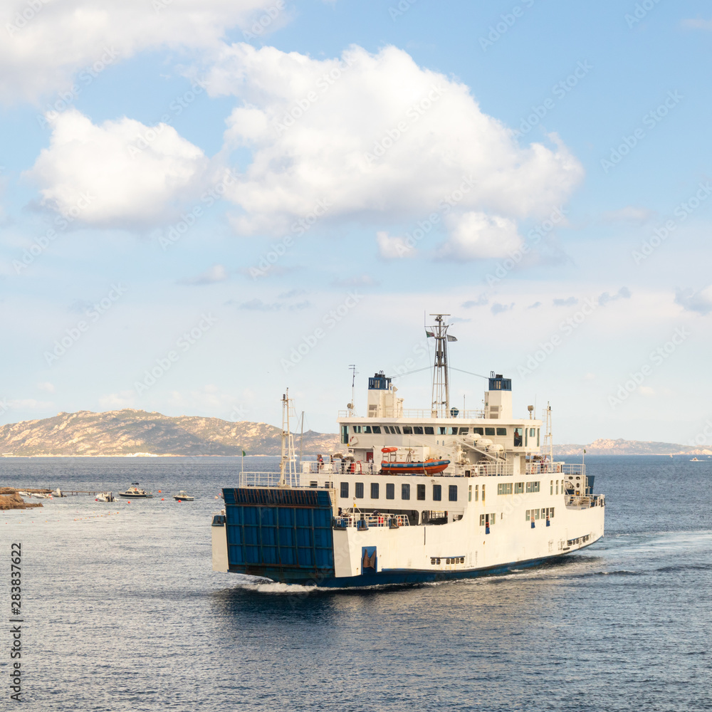 Ferry boat ship sailing between Palau and La Maddalena town, Sardinia island, Italy.