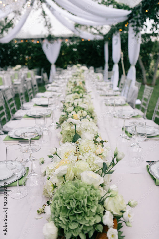 green and white wedding decor, outside summer wedding reception, luxury  designer wedding style Stock Photo | Adobe Stock