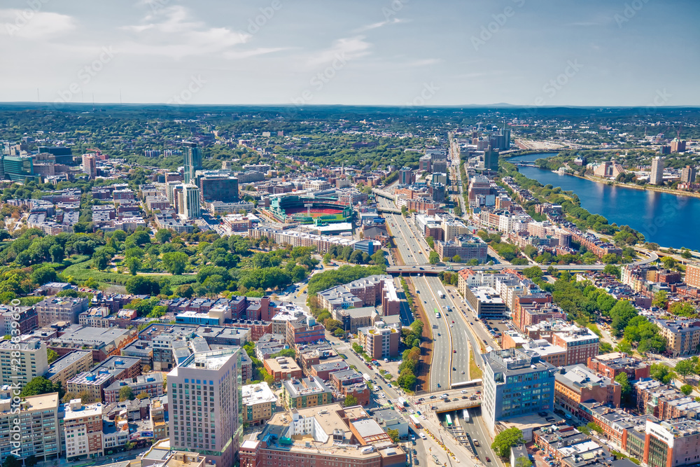 Panoramic aerial view of Boston from Prudential Tower observation deck