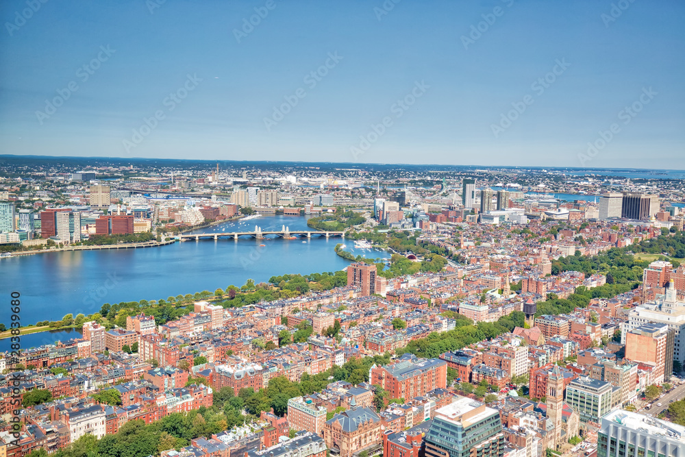 Panoramic aerial view of Boston from Prudential Tower observation deck