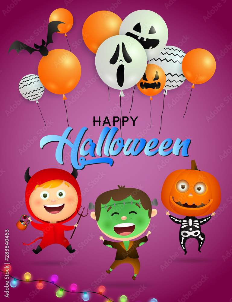 Happy Halloween greeting card design with zombie and demon girl Happy Halloween greeting card design with zombie and demon girl