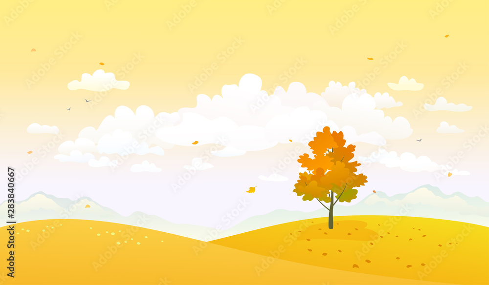 Vector illustration of autumn nature, yellow hills and sky background