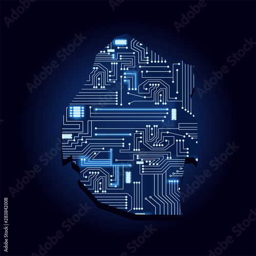 Contour map of Swaziland with a technological electronics circuit. African country. Blue background.