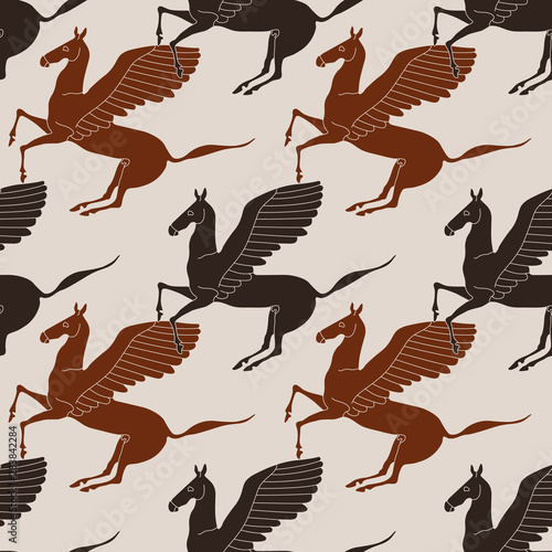 Seamless animal pattern with silhouettes of ancient Greek winged horse Pegasus. Monochrome animal decor.