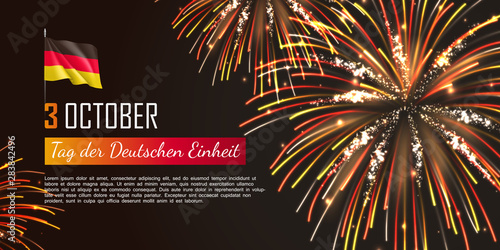 Germany independence day web banner. Realistic fireworks and fluttering flag. Tag der Deutschen Einheit. Inscription in german Day of german unity. National patriotic holiday vector illustration.