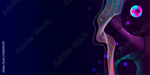Blue dark retro futuristic neon abstraction background cosmos new art 3d starry sky glowing galaxy and planets