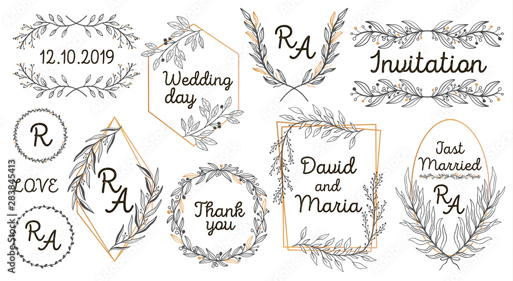 Hand sketched vector vintage elements: wreath,leaves, frame. Perfect for invitations, greeting cards, quotes, blogs Wedding Frames posters Big set