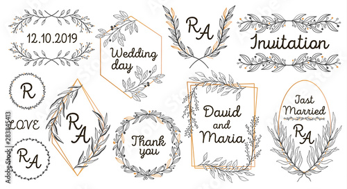 Hand sketched vector vintage elements: wreath,leaves, frame. Perfect for invitations, greeting cards, quotes, blogs Wedding Frames posters Big set
