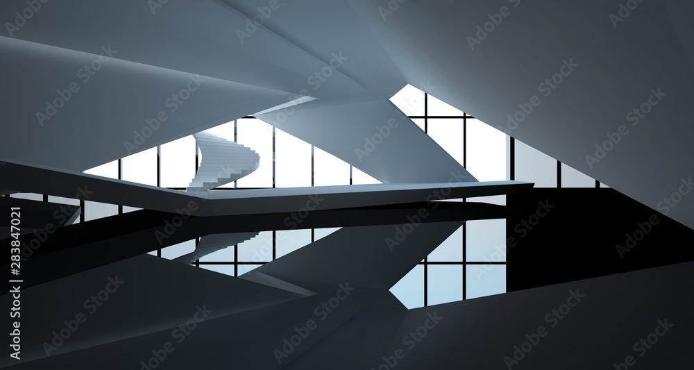 Abstract architectural white and black gloss interior of a minimalist house with large windows.. 3D illustration and rendering. Abstract architectural white and black gloss interior of a minimalist house with large windows.. 3D illustration and rendering.