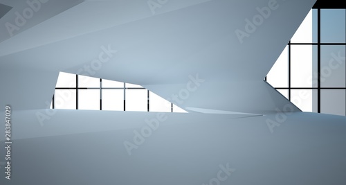 Abstract architectural white and black gloss interior of a minimalist house with large windows.. 3D illustration and rendering.
