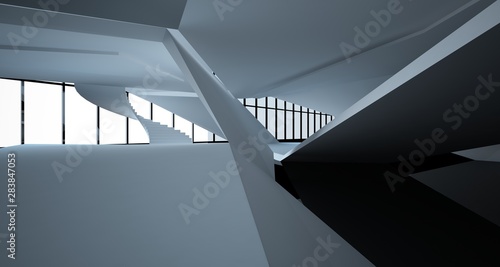 Abstract architectural white and black gloss interior of a minimalist house with large windows.. 3D illustration and rendering.