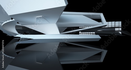 Abstract architectural white and black gloss interior of a minimalist house with large windows.. 3D illustration and rendering.