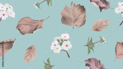 Botanical seamless pattern, Woolly rock jasmine flowers with dried leaves on blue, pastel vintage theme