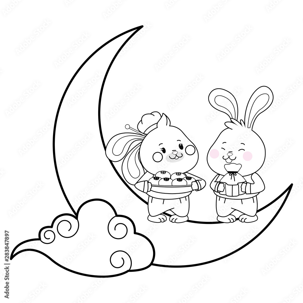 Fototapeta Mid autumn cute rabbits on moon with cloud in black and white