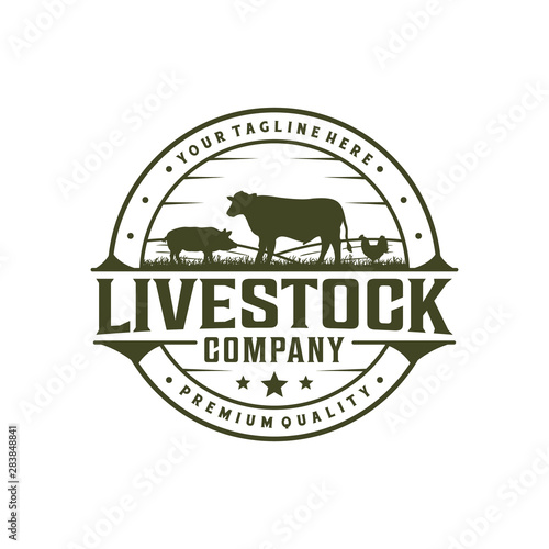 Livestock vintage logo with cow, chicken, and pork. Badge / label logo