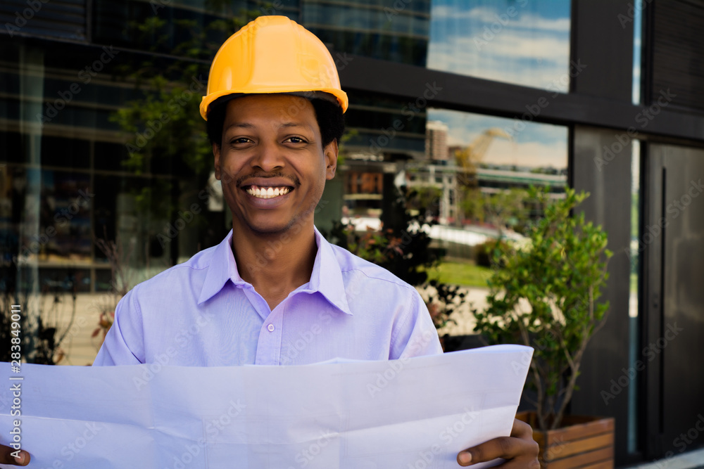 Businessman engineer developer holding blueprint Businessman engineer developer holding blueprint