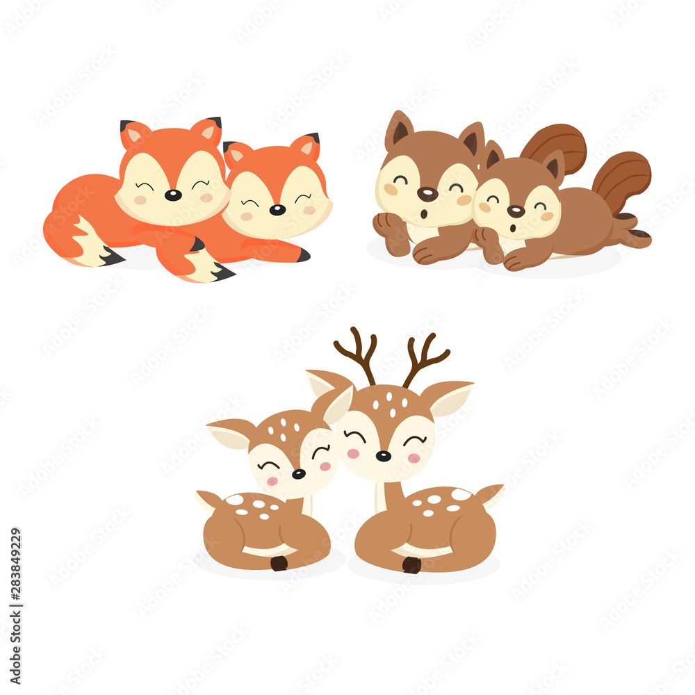 Set of cute couple woodland animals. Foxes,Deer,Squirrels cartoon.