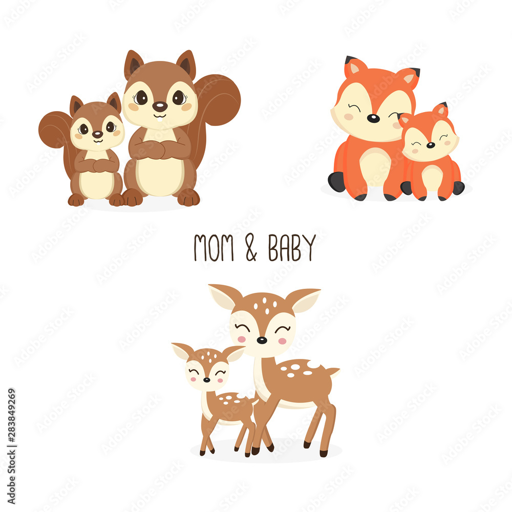 Fototapeta premium Cute mother and baby woodland animals. Foxes,Deer,Squirrels cartoon.