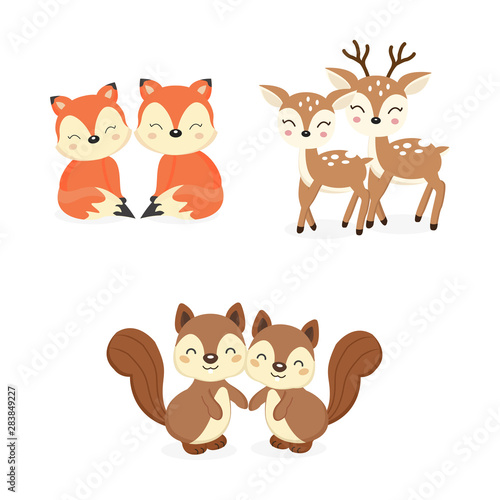 Set of cute couple woodland animals. Foxes Deer Squirrels cartoon.