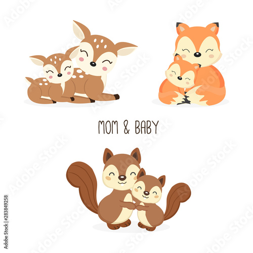 Cute mother and baby woodland animals. Foxes,Deer,Squirrels cartoon.