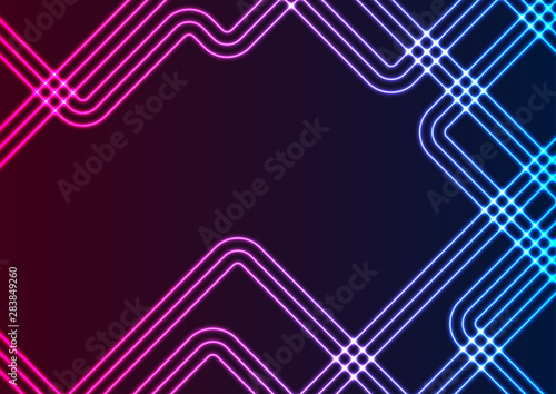 Abstract geometric sci-fi retro design with neon laser lines. Technology blue purple background. Vector illustration