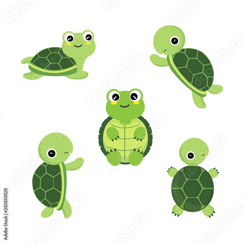 Cute cartoon turtles in different actions .