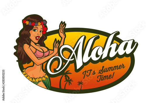 Summer time. Hawaiian girl dancing with big beach sunset sign logo, vector illustration © charactoon