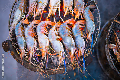 Grilled shrimp on a charcoal stove