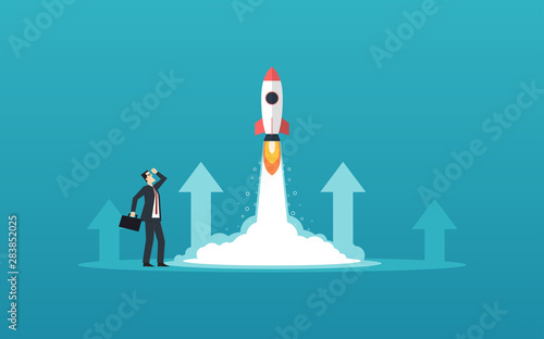 Businessman looking at rocket launching with moving up arrows in flat icon design in blue color background