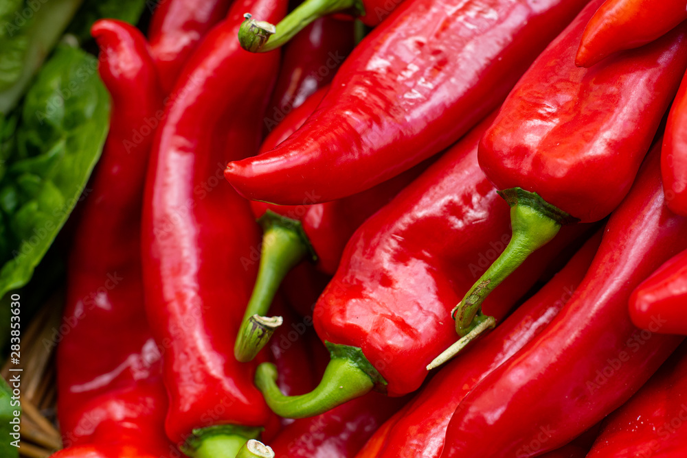 Delicious and fresh red Capsicums or red pepper vegetables on a fruit market Delicious and fresh red Capsicums or red pepper vegetables on a fruit market