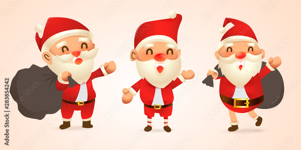 Set of cartoon Christmas illustrations.Funny happy Santa Claus character with raindeer , bag with presents, waving and greeting. For Christmas cards, banners, tags and labels. Set of cartoon Christmas illustrations.Funny happy Santa Claus character with raindeer , bag with presents, waving and greeting. For Christmas cards, banners, tags and labels.