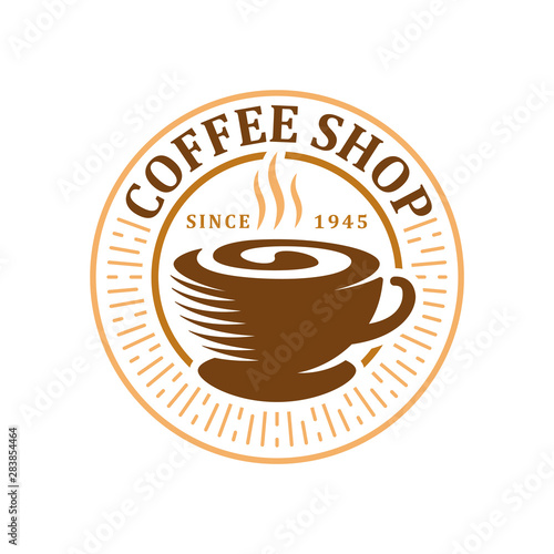 Coffee logo, vector coffee label badge or emblem on isolated white background, cafe