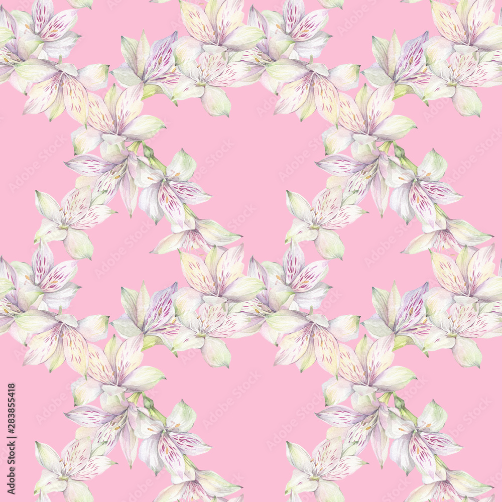 Floral seamless pattern with white alstroemeria flowers. Hand painted watercolor illustration. Floral seamless pattern with white alstroemeria flowers. Hand painted watercolor illustration.