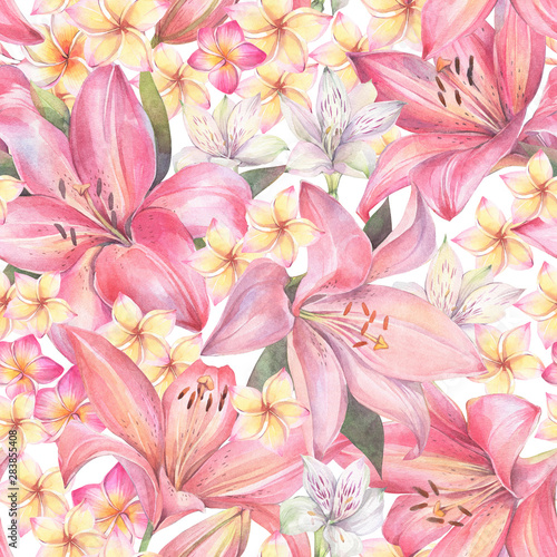Floral seamless pattern with Lily flowers, Alstroemeria and Frangipani. Hand painted watercolor illustration.