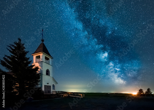 The Milky Way over the historic Zion Lutheran Church in Saskatchewan, Canada