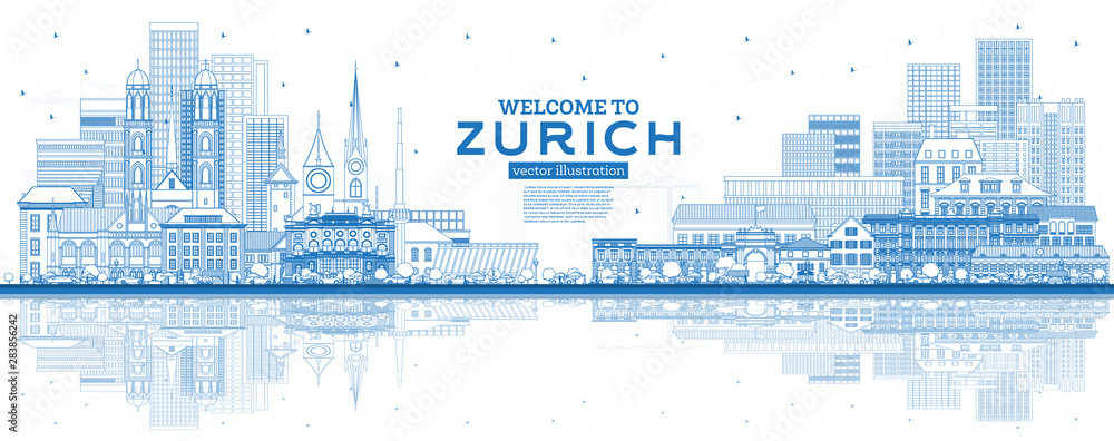 Outline Welcome to Zurich Switzerland Skyline with Blue Buildings and Reflections.