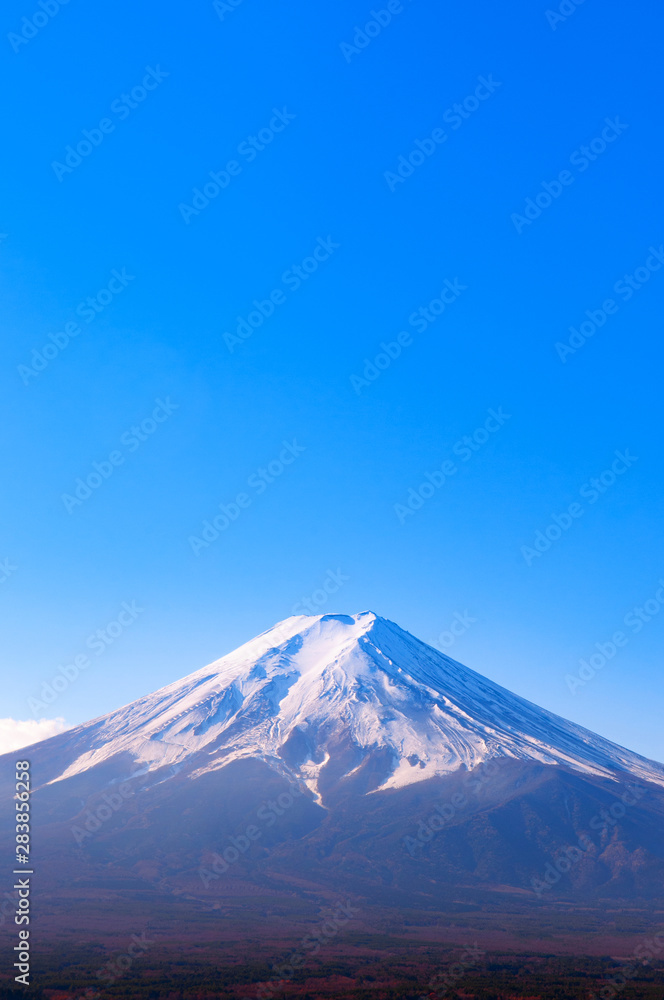 Snow covered Mount Fuji and blue sky autumn view from Chureito Pagoda park in Shimoyoshida - Fujiyoshida