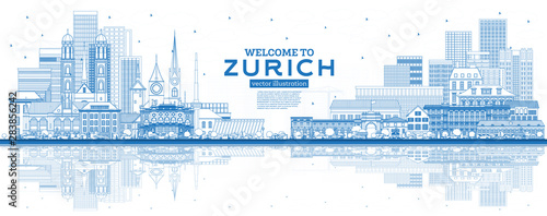 Outline Welcome to Zurich Switzerland Skyline with Blue Buildings and Reflections.